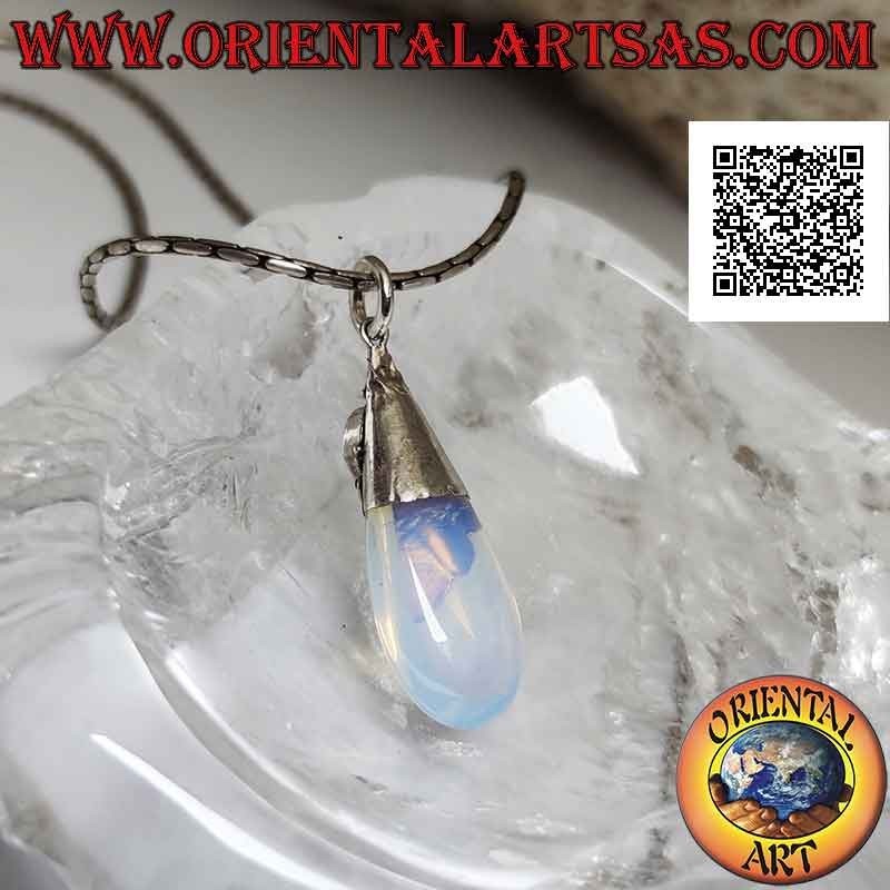 Pendentif goutte en argent avec opale de mer, améthyste ovale et décorations en relief