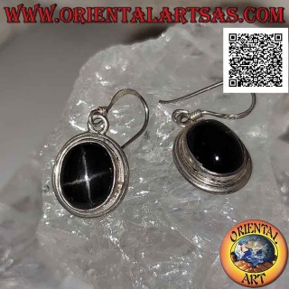 Boucles d'oreilles en argent avec cabochon ovale Black Star (étoile diopside) et double bord proéminent lisse
