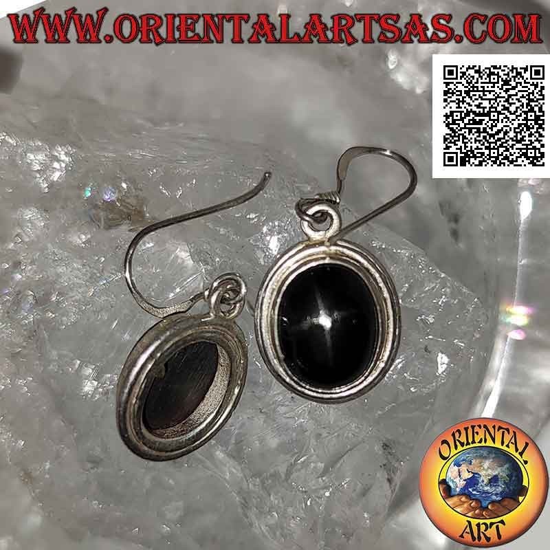 Silver earrings with cabochon oval Black Star (star diopside) and double smooth protruding edge