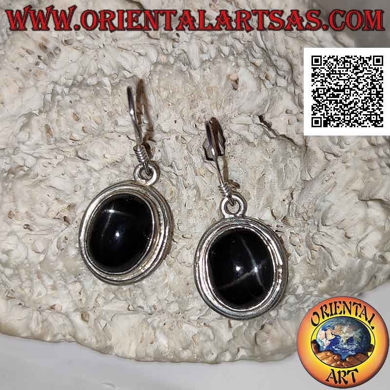 Boucles d'oreilles en argent avec cabochon ovale Black Star (étoile diopside) et double bord proéminent lisse
