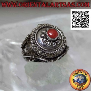 Silver poison ring with round coral