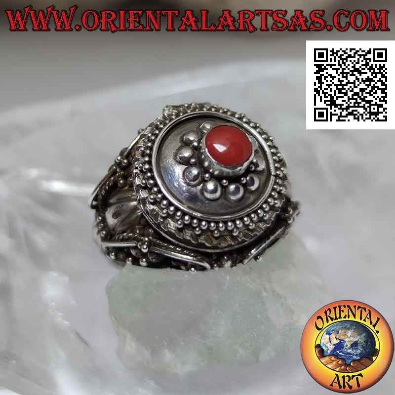 Silver poison ring with round coral