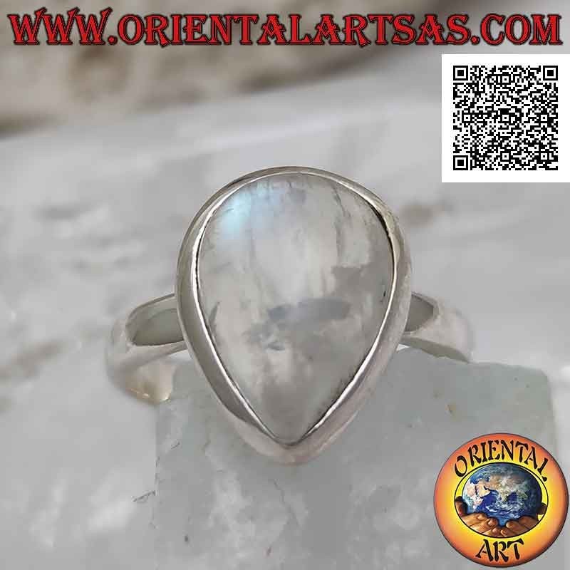 Anello in argento con pietra di luna arcobaleno a goccia cabochon su montatura semplice e liscia
