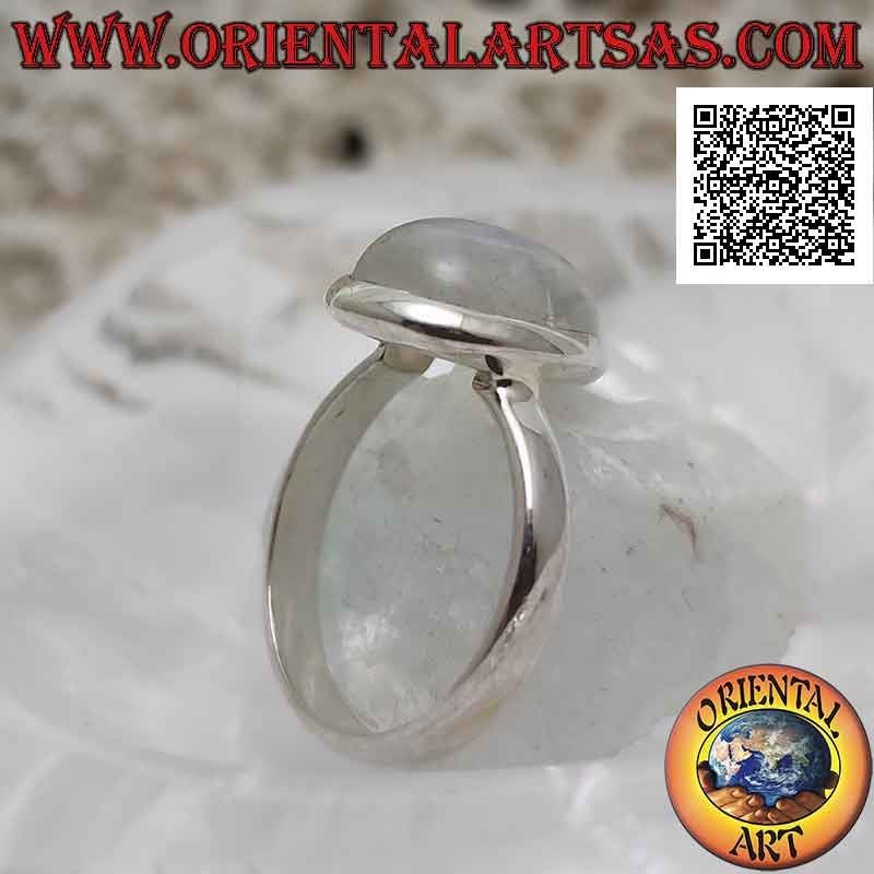 Silver ring with cabochon drop rainbow moonstone on a simple and smooth setting