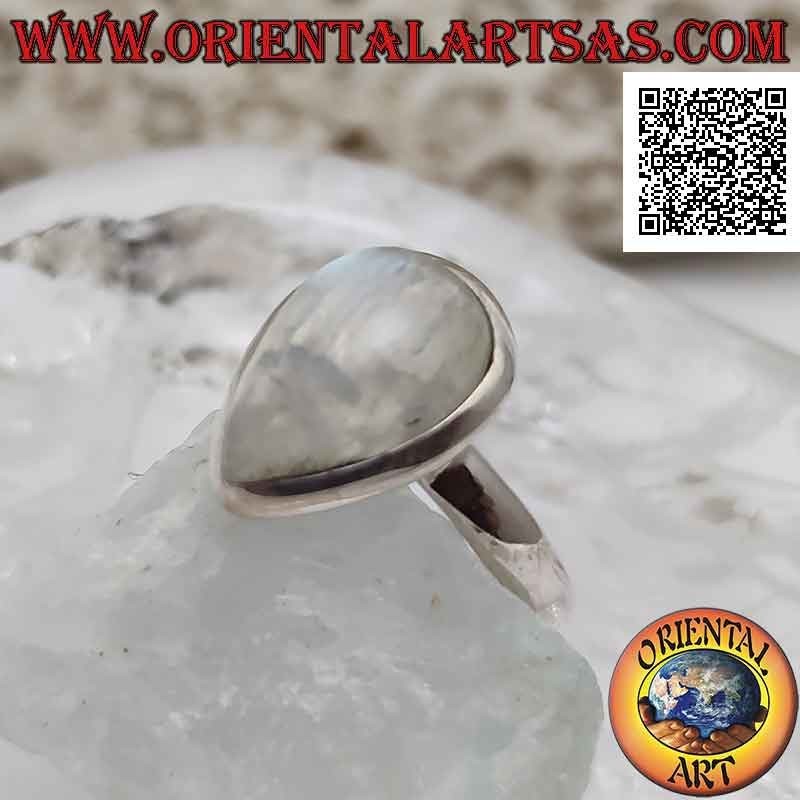 Silver ring with cabochon drop rainbow moonstone on a simple and smooth setting