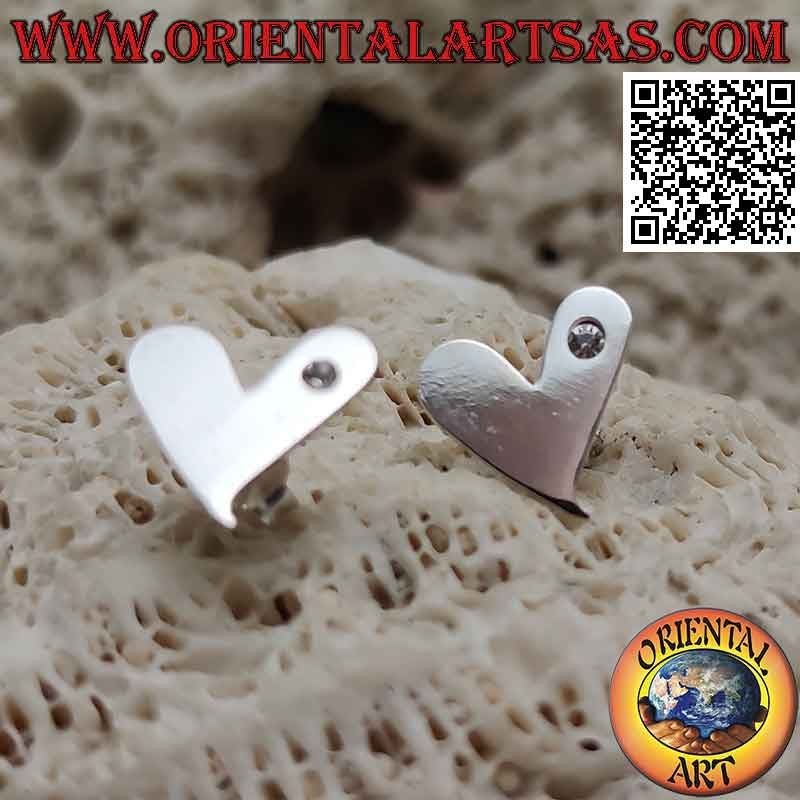 Smooth heart-shaped lobe silver earrings with zircon on one side