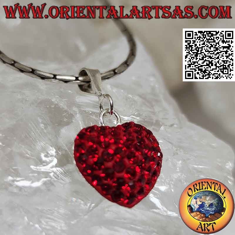 Colgante de plata, corazón de amor tachonado de micro pedrería roja