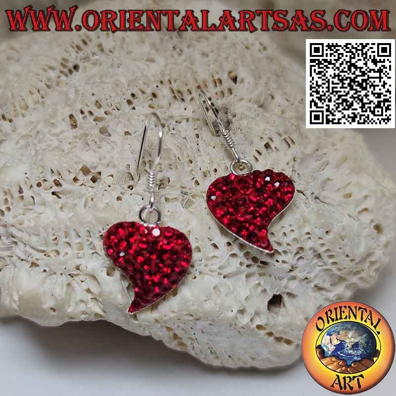 Pendientes de plata, corazón con punta alargada tachonado de micro-diamantes de imitación rojos