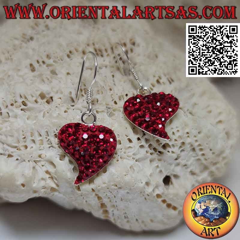 Pendientes de plata, corazón con punta alargada tachonado de micro-diamantes de imitación rojos