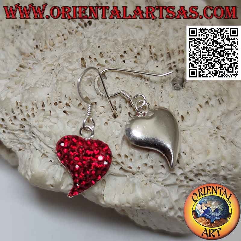 Orecchini in argento, cuore con punta allungata tempestato di micro-strass rossi