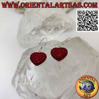 Pendientes de plata, corazón de amor tachonado de micro pedrería roja