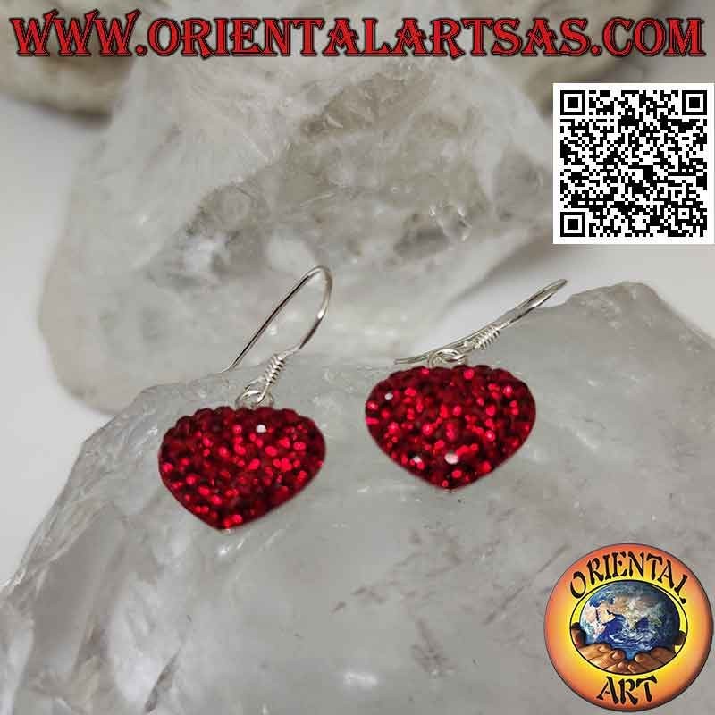 Silver earrings, heart of love studded with red micro-rhinestones