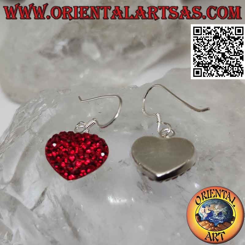 Orecchini in argento, cuore dell'amore tempestato di micro-strass rossi