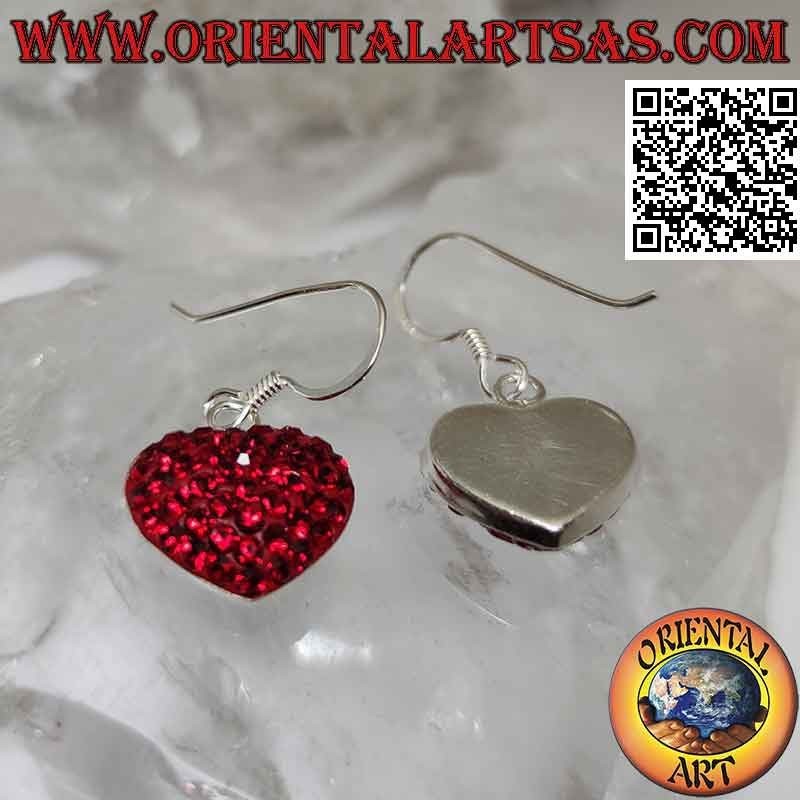 Silver earrings, heart of love studded with red micro-rhinestones