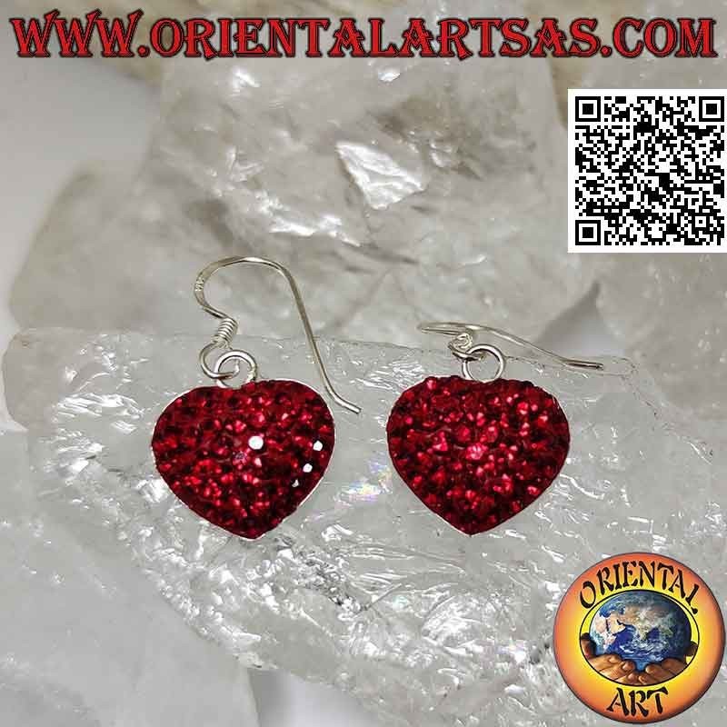 Pendientes de plata, corazón de amor tachonado de micro pedrería roja