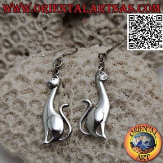 Pendientes de plata con gato liso sentado de perfil y colgante