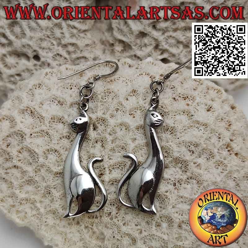 Boucles d'oreilles en argent avec chat lisse assis de profil et pendentif
