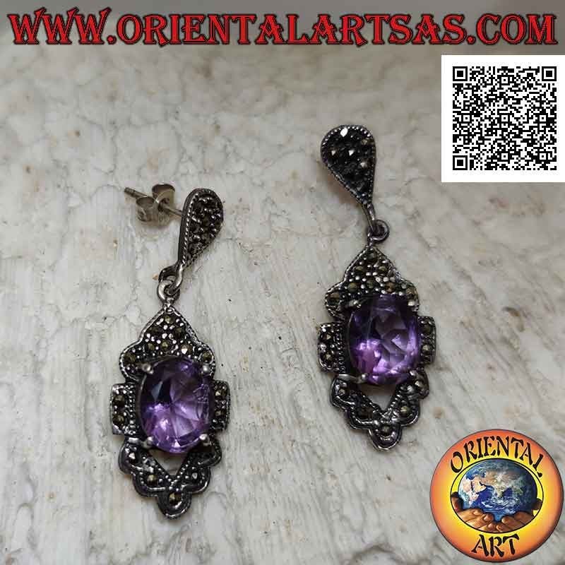 Pendientes de plata con amatista ovalada natural en engaste romboidal perforado tachonado de marcasita