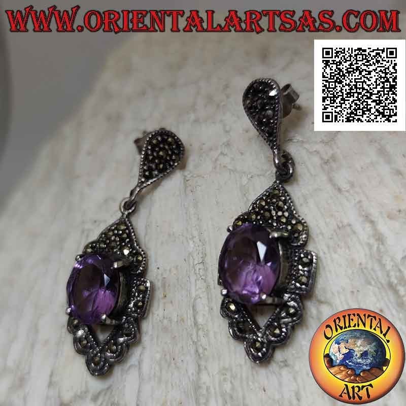 Silver earrings with natural oval amethyst on perforated rhomboid setting studded with marcasite
