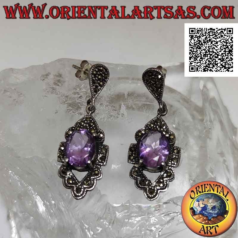 Pendientes de plata con amatista ovalada natural en engaste romboidal perforado tachonado de marcasita
