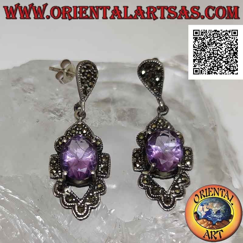 Pendientes de plata con amatista ovalada natural en engaste romboidal perforado tachonado de marcasita