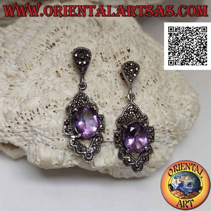 Pendientes de plata con amatista ovalada natural en engaste romboidal perforado tachonado de marcasita