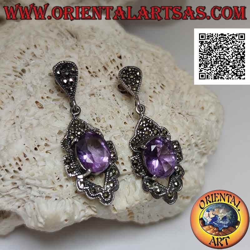 Pendientes de plata con amatista ovalada natural en engaste romboidal perforado tachonado de marcasita
