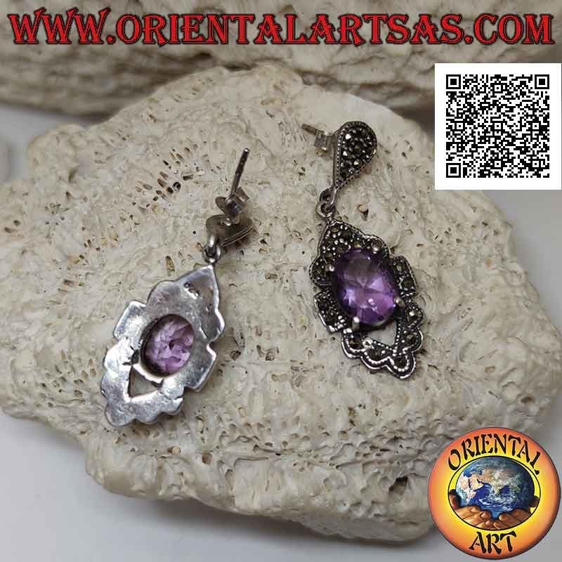 Silver earrings with natural oval amethyst on perforated rhomboid setting studded with marcasite