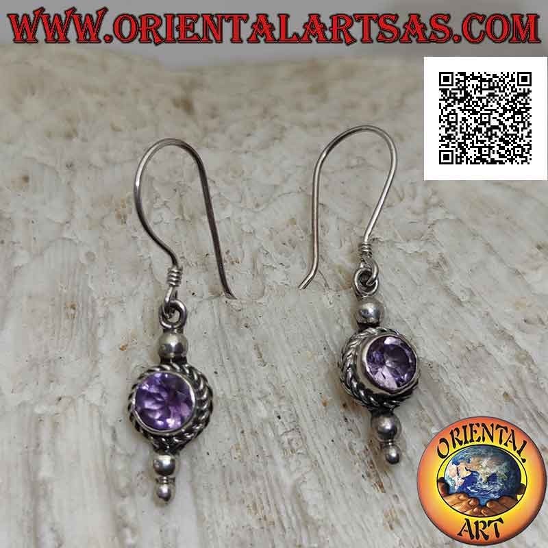 Silver earrings with round amethyst surrounded by intertwining and balls above and below