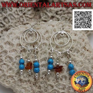 Pendientes de plata círculos concéntricos con colgantes de turquesa y cuentas de plata y fragmentos de ámbar