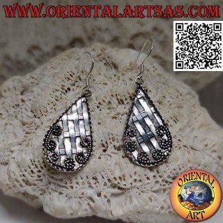 Silver leverback earrings with latticework drop and decoration threads