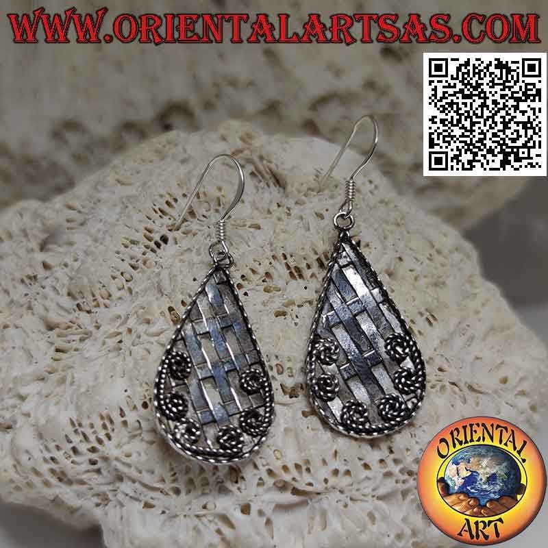 Silver leverback earrings with latticework drop and decoration threads