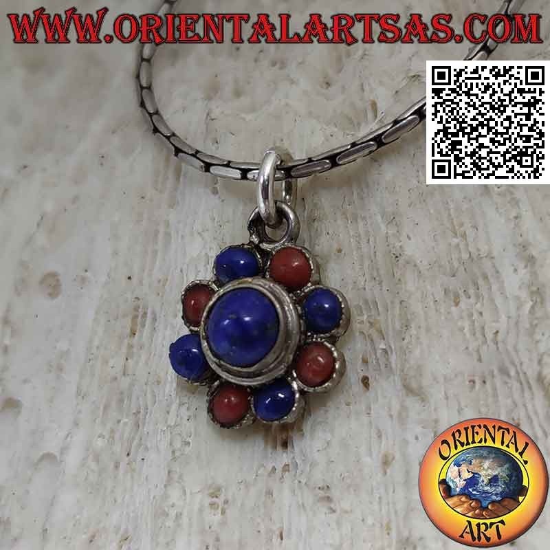 Silberanhänger mit runder Blüte von Lapislazuli und abwechselnden Korallen