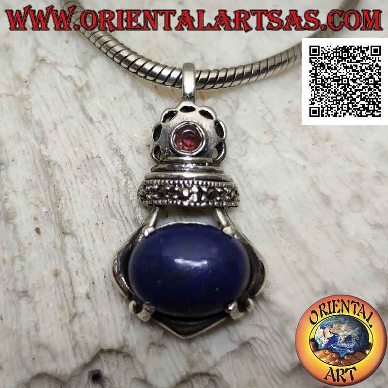 Colgante de plata corona imperial con gran conjunto de lapislázuli ovalado y marcasita y granate