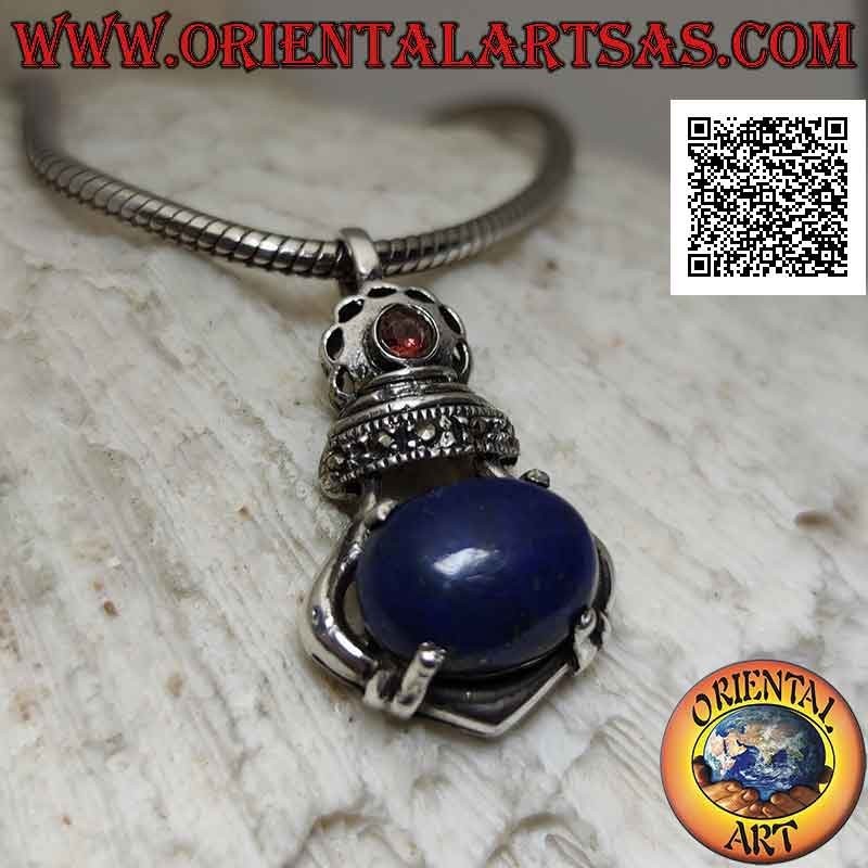 Colgante de plata corona imperial con gran conjunto de lapislázuli ovalado y marcasita y granate