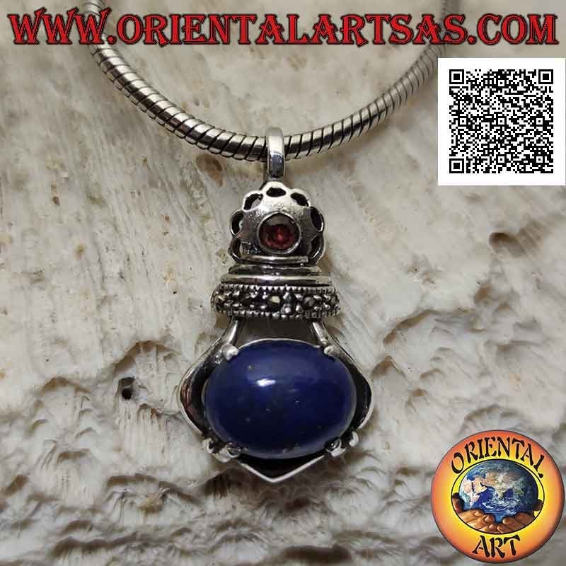 Imperial crown silver pendant with large oval lapis lazuli set and marcasite and garnet