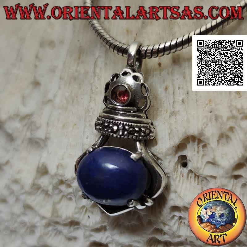 Ciondolo in argento a corona imperiale con lapislazzulo ovale grande incastonato e marcassite e granato
