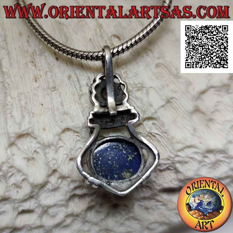 Pendentif couronne impériale en argent avec grand serti lapis lazuli ovale et marcassite et grenat