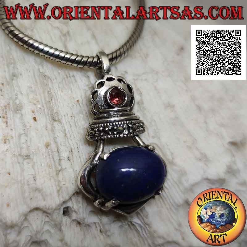 Colgante de plata corona imperial con gran conjunto de lapislázuli ovalado y marcasita y granate