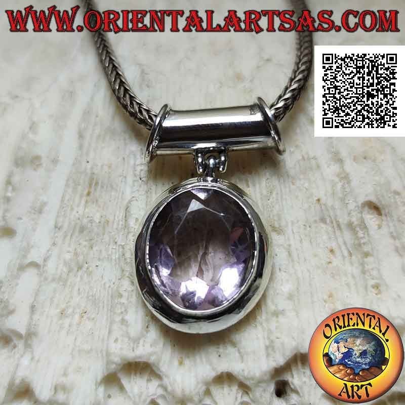 Silver pendant with large natural oval faceted amethyst on smooth frame and movable tubular hook