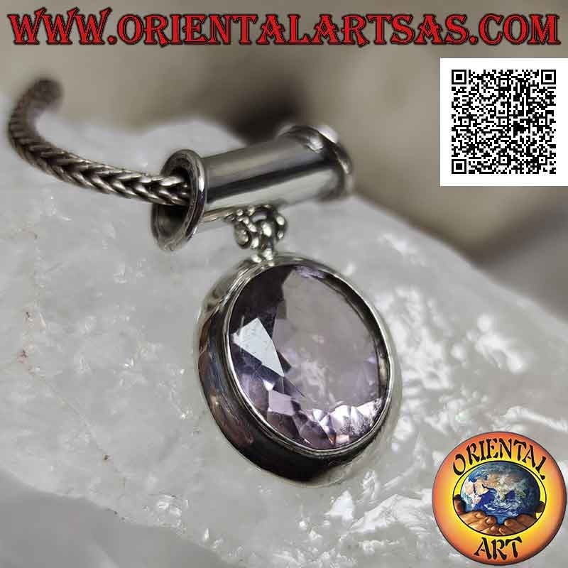Silver pendant with large natural oval faceted amethyst on smooth frame and movable tubular hook