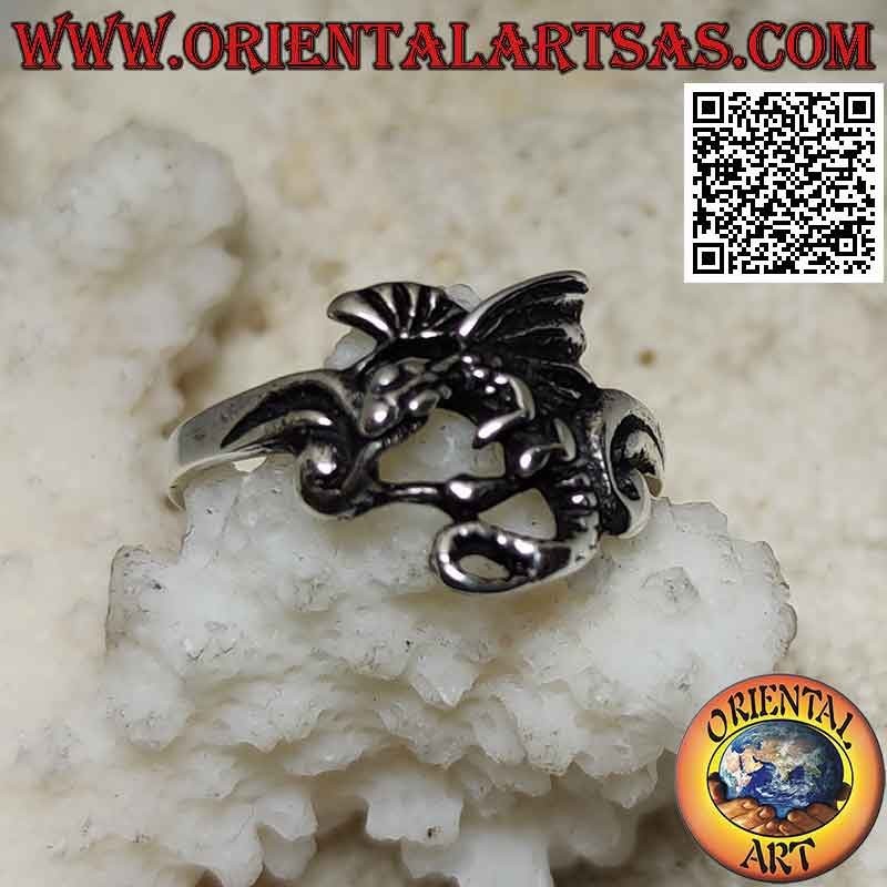 Silberring mit Basilisk Drachen im Profilflug