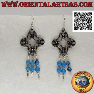 Silver round rhombus earrings decorated with filigree with turquoise and silver beads pendants