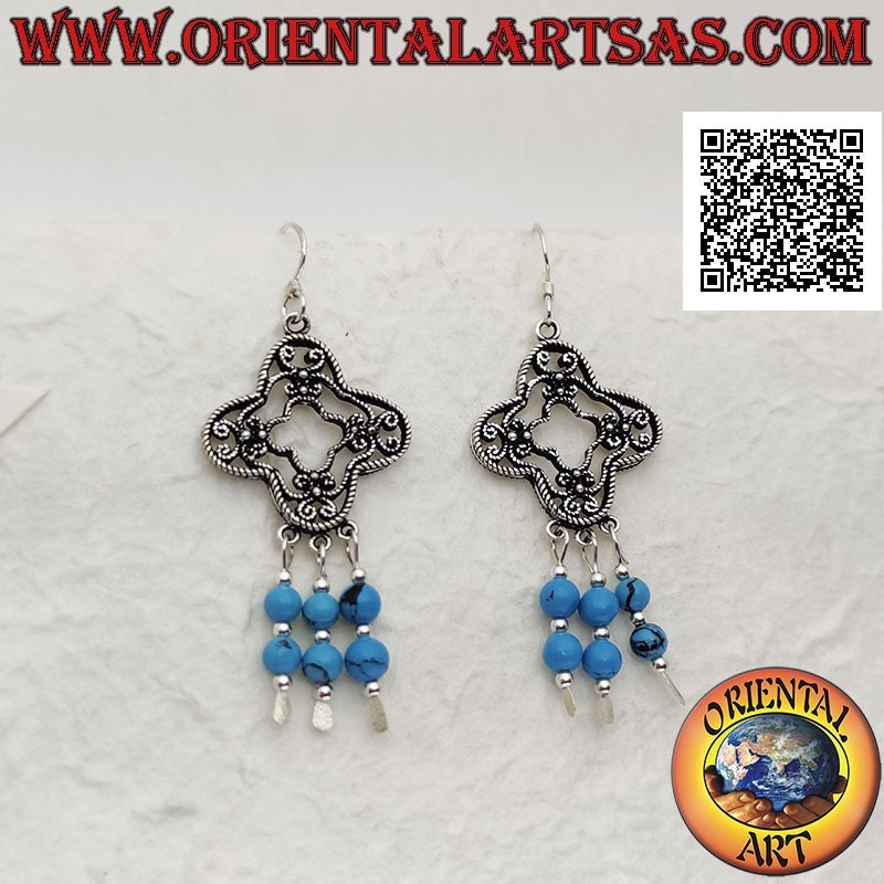 Silver round rhombus earrings decorated with filigree with turquoise and silver beads pendants