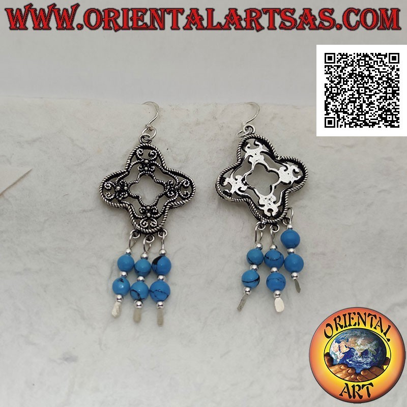 Boucles d'oreilles losange rondes en argent décorées de filigranes avec pendentifs perles turquoise et argent