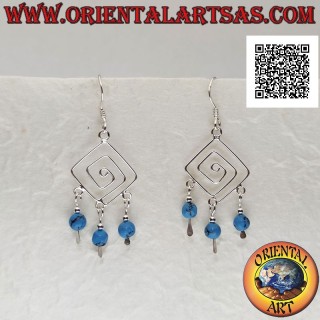Pendientes de plata espiral romboidal con turquesas y colgantes de perlas de plata