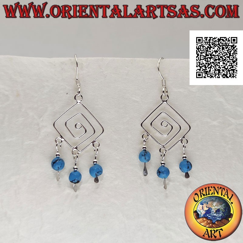 Rhomboidal spiral silver earrings with turquoise and silver beads pendants
