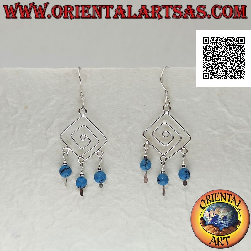 Rhomboidal spiral silver earrings with turquoise and silver beads pendants