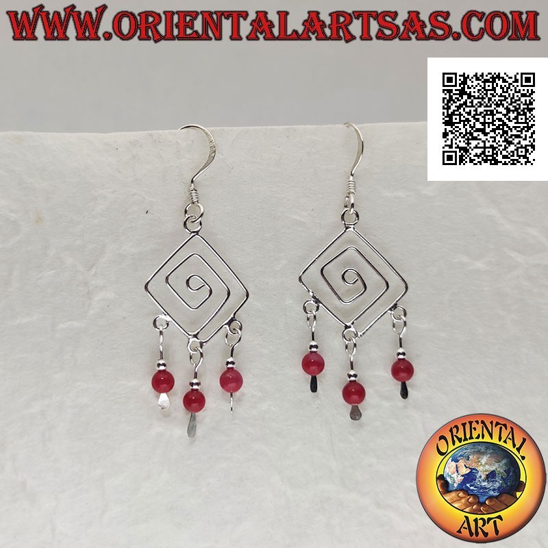 Rhomboid spiral silver earrings with coral and silver beads pendants
