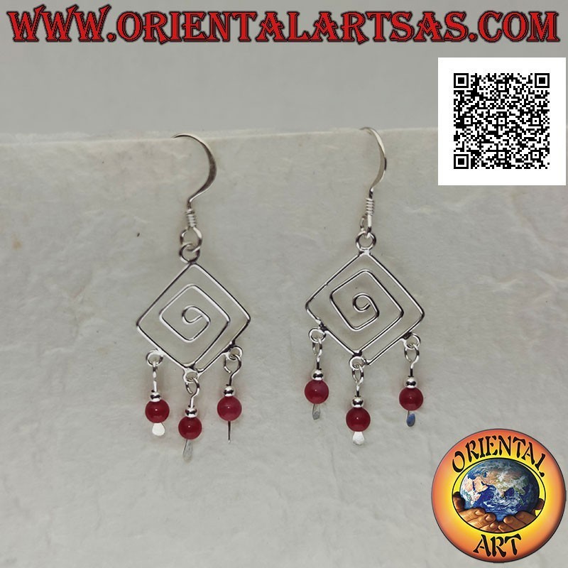 Rhomboid spiral silver earrings with coral and silver beads pendants